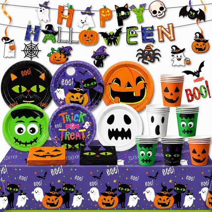 106-Piece Halloween Party Supplies Set, Plates, Napkins, Cups, Banner & Tablecloth