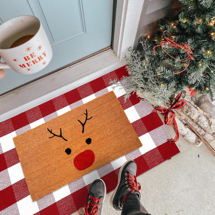 Christmas Door Mat Combo Set: 100% Coco Coir Welcome Mat + Red & White Plaid Rug