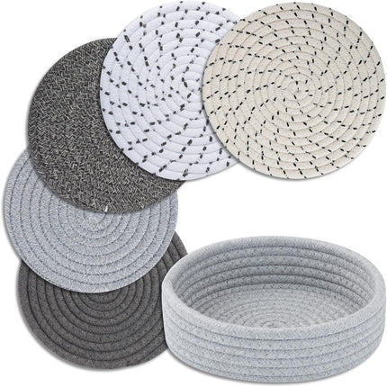 5-Piece Grey Trivet Set – Heat-Resistant Pads with Storage Basket for Kitchen