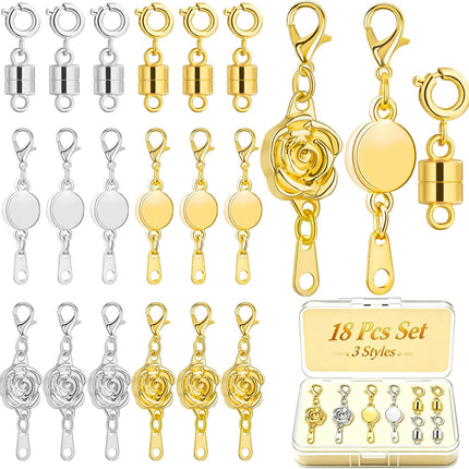 18PCS Magnetic Necklace Clasps Set 3 Styles Jewelry Connectors Gold Silver