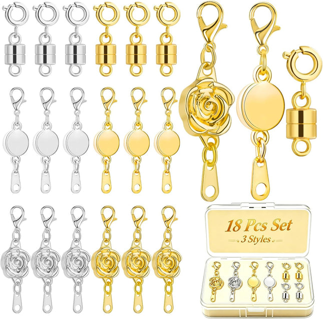 18PCS Magnetic Necklace Clasps Set 3 Styles Jewelry Connectors Gold Silver