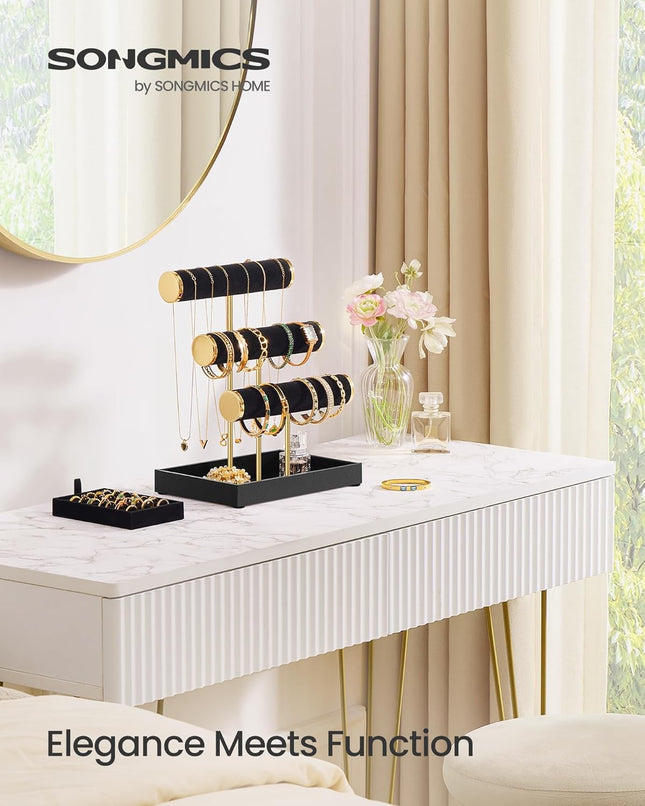 Jewelry Display Stand – 3-Tier Bracelet Holder with Velvet Tray & Removable Ring Holder