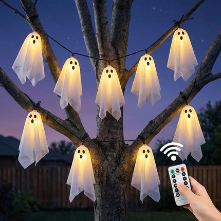 10-Piece Light-Up Hanging Ghost Ornaments, Glowing Indoor Outdoor Halloween Decor