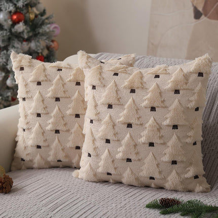 2PCS Christmas Tree Pillow Covers – 18x18 Faux Fur Winter Sofa Decor Beige