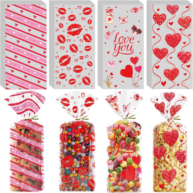 120 PCS Valentine’s Gift Bags: Heart Kiss Cellophane Candy Treat Bags for Kids