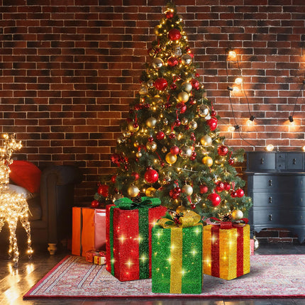 3-Piece Tall Rectangular Lighted Christmas Gift Boxes, 60 LED Lights for Festive Decoration