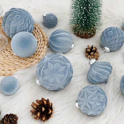46PCS Velvet Christmas Ornaments – Gray Blue Shatterproof Tree Decor