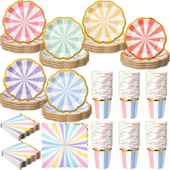 108-Piece Colorful Party Set – Pastel Striped Plates, Napkins & Cups