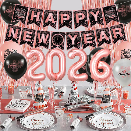 Happy New Year 2026 Decorations – Rose Gold Banner, Balloons & Curtain