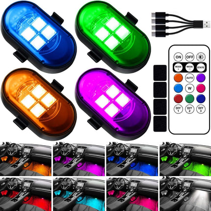 Wireless LED Car Interior Lights, 8 Colors, Rechargeable, Remote Control, 12H Battery Life