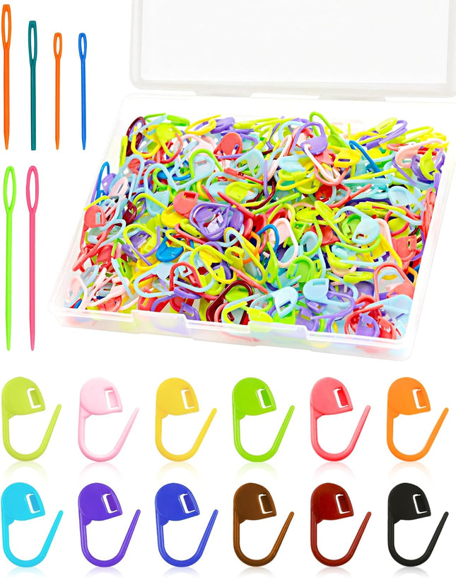 300pcs Crochet Stitch Markers with 6 Blunt Sewing Needles, Colorful Knitting Clips