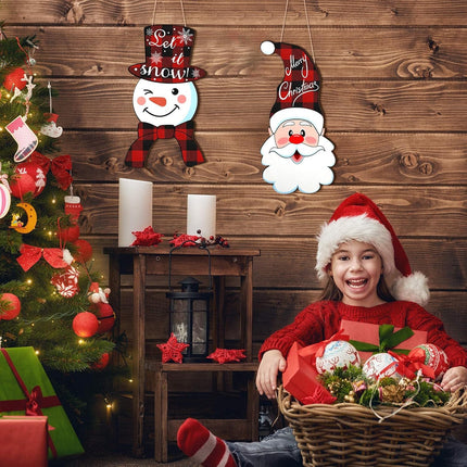 2PCS Christmas Hanging Door Signs, Santa Claus, Snowman & Xmas Tree Wooden Decorations
