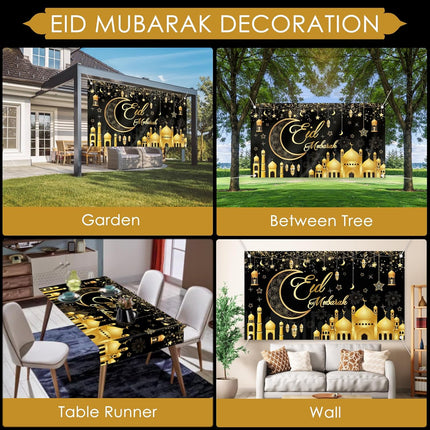 Eid Mubarak Backdrop Banner 6.5×3.6 Ft Black Gold + 16 Balloons