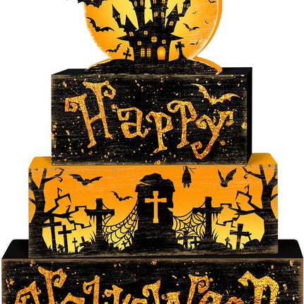 4-Piece Halloween Rustic Tiered Tray Decor Set, Wooden Full Moon Table Signs