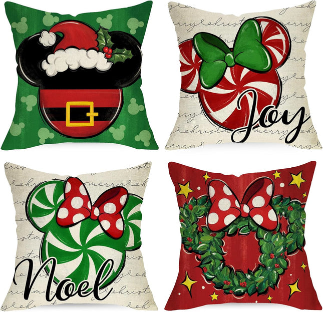 4PCS Christmas Throw Pillow Covers – 18"x18", Candy Cane & Wreath Design