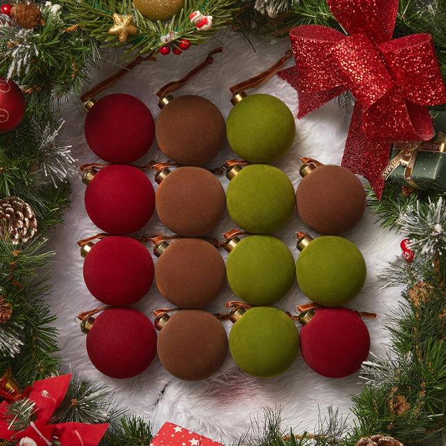 15 Velvet Christmas Balls, 3.15 Inch Red, Green & Brown Velvet Ornaments for Xmas Tree Decor