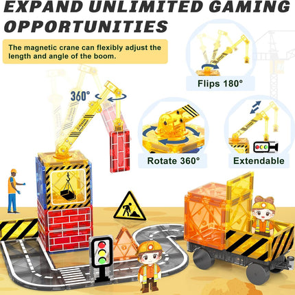 Magnetic Tiles Road Set with Crane & Car, STEM Construction Toy for Kids 3+