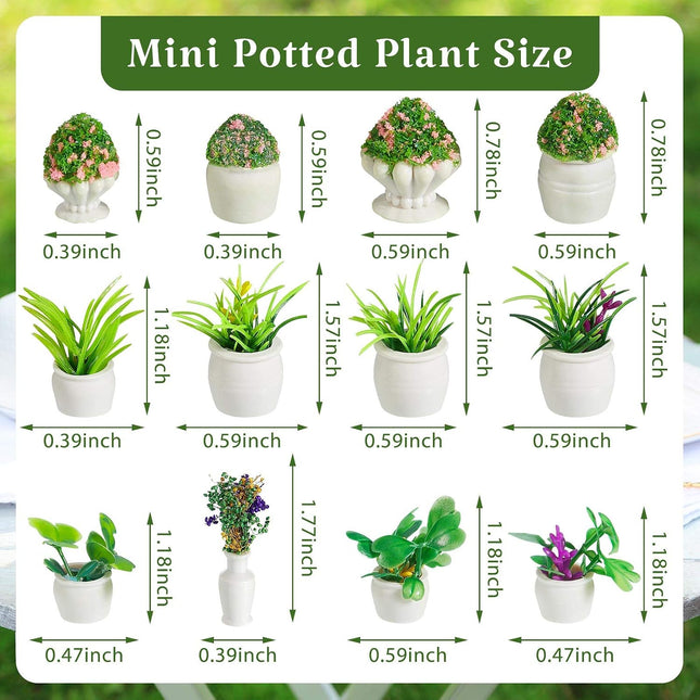 12-Piece Miniature Dollhouse Plants with White Pots, Artificial Greenery Decor Set