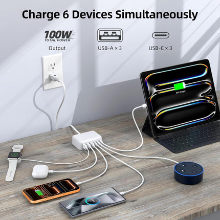 6 in 1 USB Charger 100W Fast Charging Hub with Type C Ports for Travel