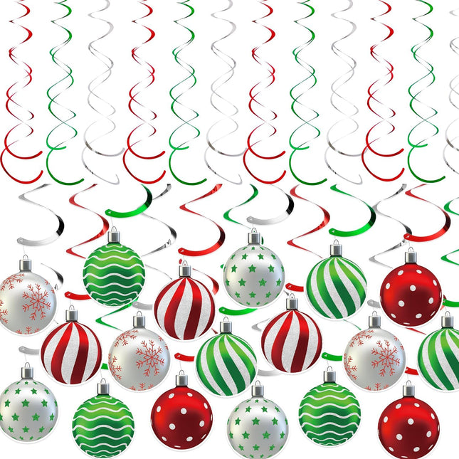 30PCS Christmas Hanging Swirls – Red Green Silver Ceiling Decorations for Parties
