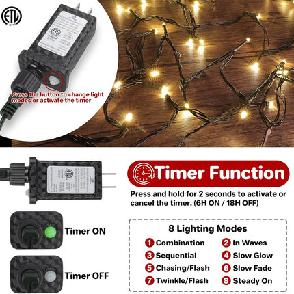 Christmas Outdoor String Lights – 100LED Warm White 33FT Twinkle Lights