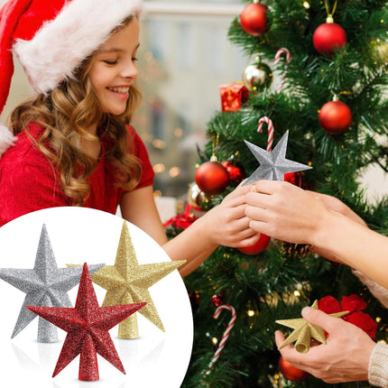 6 PCS Mini Christmas Tree Topper – 4" Glitter Star Ornaments (Silver, Red, Gold)