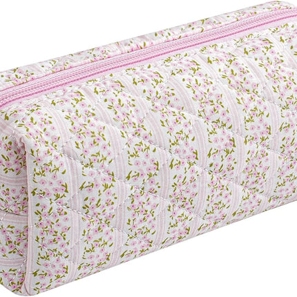 Cute Floral Cotton Makeup Bag – Travel Quilted Cosmetic Pouch, Pink