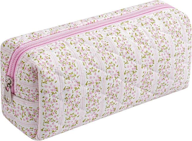 Cute Floral Cotton Makeup Bag – Travel Quilted Cosmetic Pouch, Pink