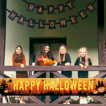 Happy Halloween Yard Banner 120x20in, Black Orange Welcome Flag for Porch & Garden