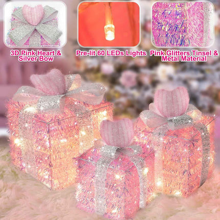 3-Pack Lighted Christmas Gift Boxes – Timer & 8 Modes, Pink Hearts with Silver Glitter Bow