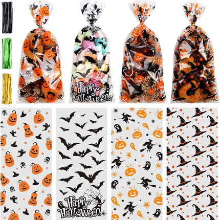 180PCS Halloween Cellophane Candy Bags, Clear Treat Gift Bags for Party Favors