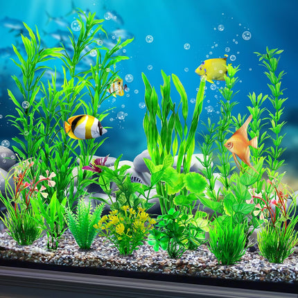 12PCS Aquarium Decorations, Green Plastic Plants, Fish Tank Decor & Aquatic Accessories
