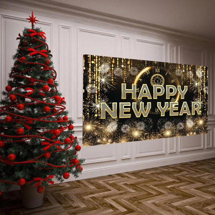 Happy New Year Party Banner – Black Fabric Firework Wall Decor