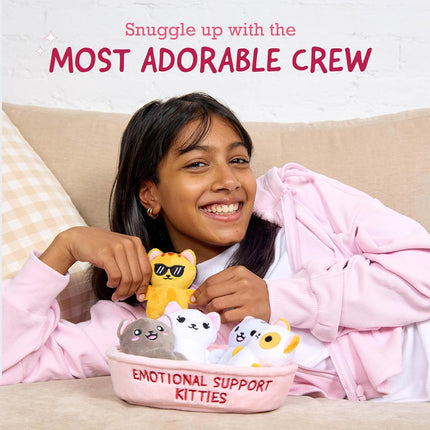Emotional Support Kitties Plush Toy Set 5 Squishy Stuffed Animals with Basket
