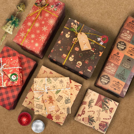 Christmas Wrapping Paper Set – 10 Kraft Sheets with 8 Stickers & Ribbon