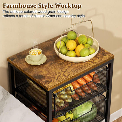 4-Tier Kitchen Rolling Storage Cart with Wooden Top, 4 Pull-Out Drawers and Lockable Wheels