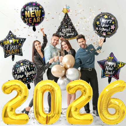 Happy New Year 2026 Foil Balloons – 10-Pc NYE Party Decoration Set