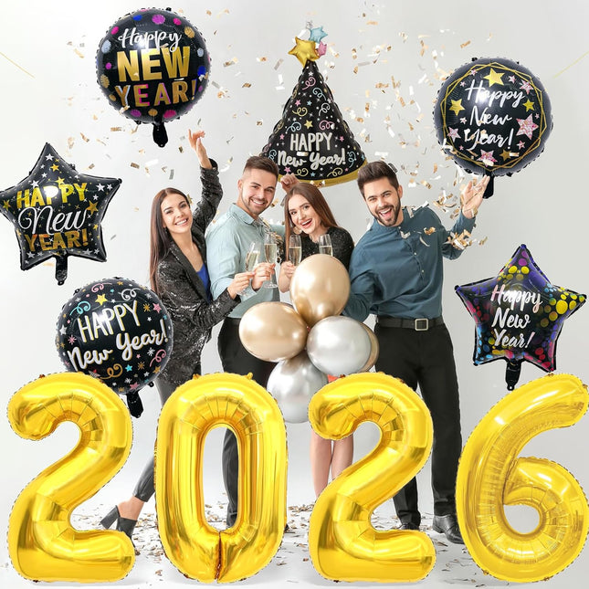 Happy New Year 2026 Foil Balloons – 10-Pc NYE Party Decoration Set
