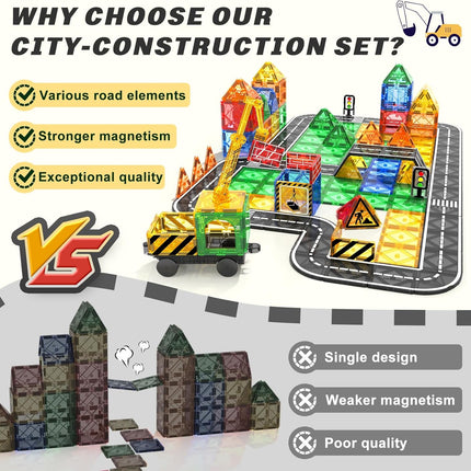 Magnetic Tiles Road Set with Crane & Car, STEM Construction Toy for Kids 3+