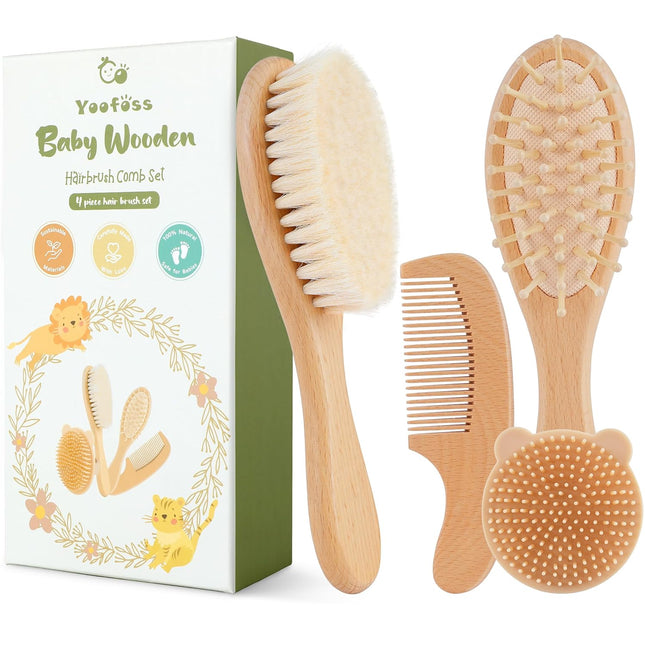 4-Piece Baby Brush & Comb Set – Wooden Soft Goat Hair Brushes for Newborns