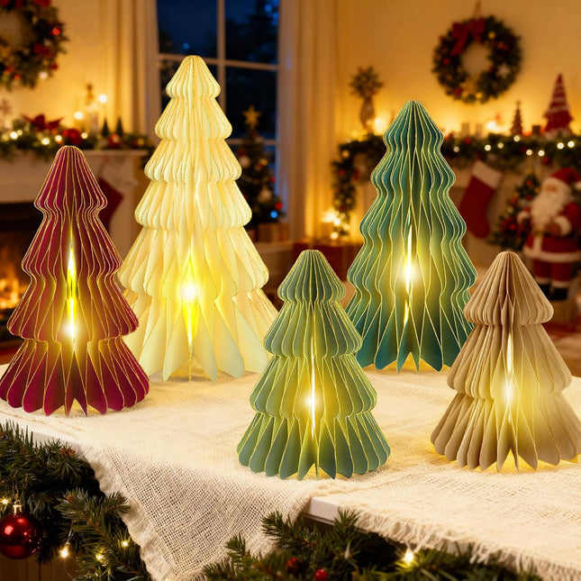 5Pcs Vintage Style Light-Up Honeycomb Paper Christmas Tree Table Decor