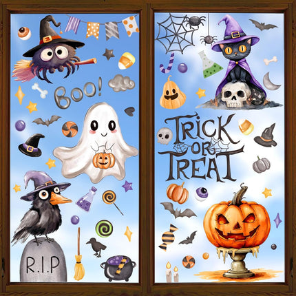 6-Sheet Halloween Ghost Window Clings, Spider Cat Crow Pumpkin Glass Decals