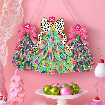 Pink Christmas Tree Door Sign – Wooden Welcome Wreath with Bows Decor