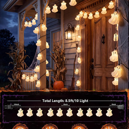 8.5FT Halloween Ghost String Lights, 10 White Ghosts, Waterproof Indoor Outdoor Decor