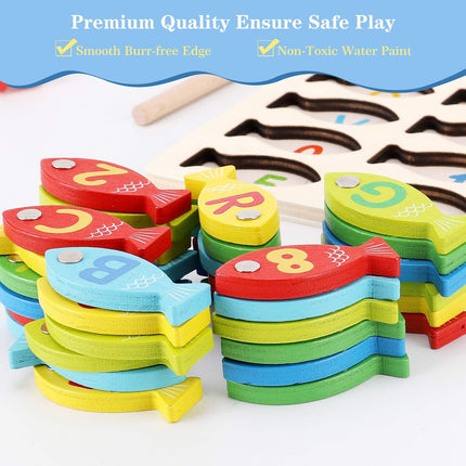 Magnetic Wooden Fishing Game Toy, Alphabet & Number Learning for Kids 3–5