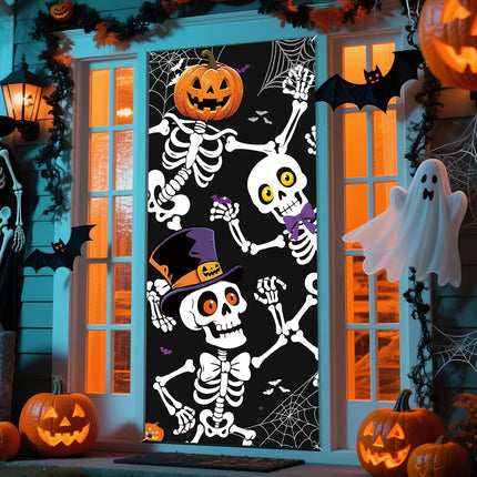 79x35in Halloween Skeleton Door Cover, Spooky Sign Banner for Haunted House Decor