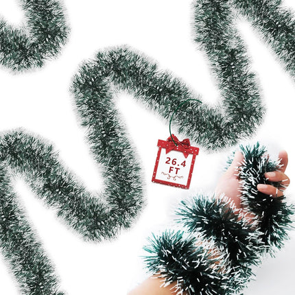 Christmas Tinsel Garland 26.4FT – Green & White Tree & Ceiling Decorations