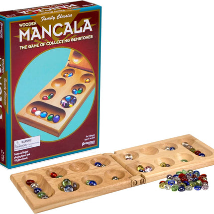 Classic Mancala Board Game Wooden Hinged Board 48 Glass Stones 2 Player