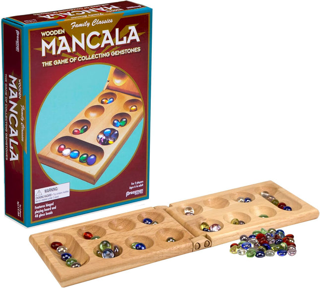 Classic Mancala Board Game Wooden Hinged Board 48 Glass Stones 2 Player