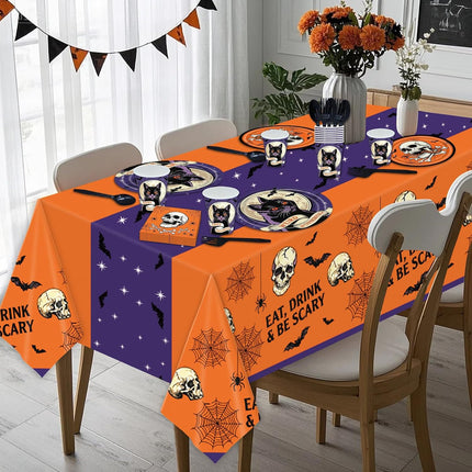 145-Piece Halloween Tableware Set, Black Cat Skull Plates, Cups, Napkins & Tablecloth